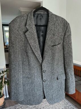 Vintage Alexandre London Harris Tweed Gray Herringbone Wool Blazer Jacket 44L